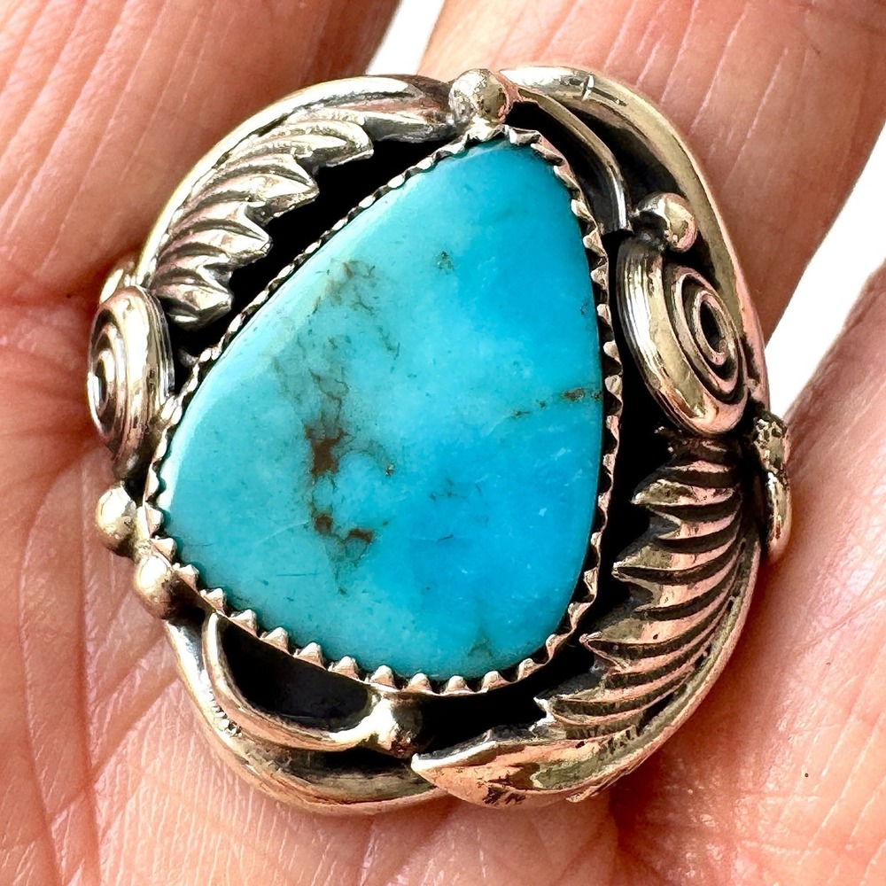 Navajo Turquoise Mens Ring Sz 13.5 Leaf Feather Signed Morgan Sterling Native Am